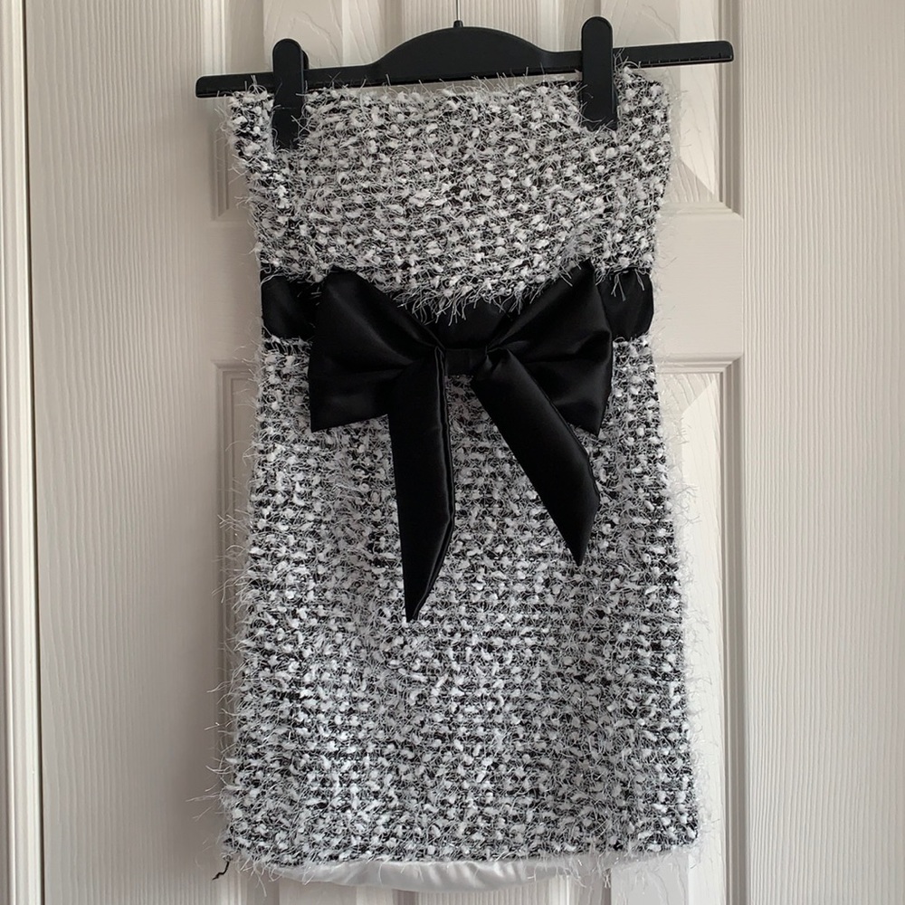 Black bow strapless mini dress bodycon sz 0 zipper